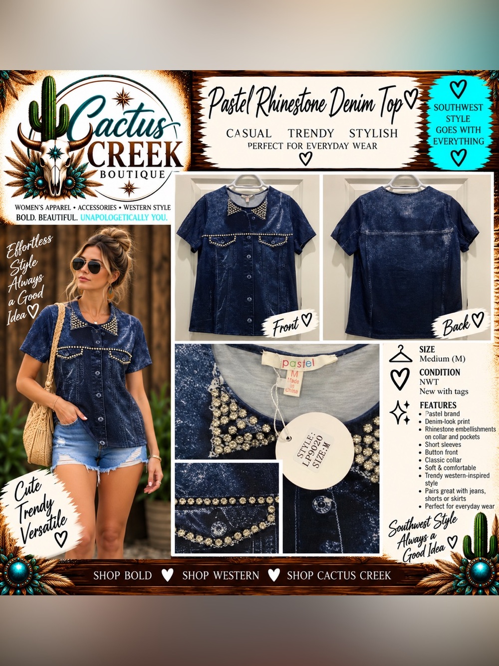 Pastels Navy Blue Embellished Top - Size M - NWT